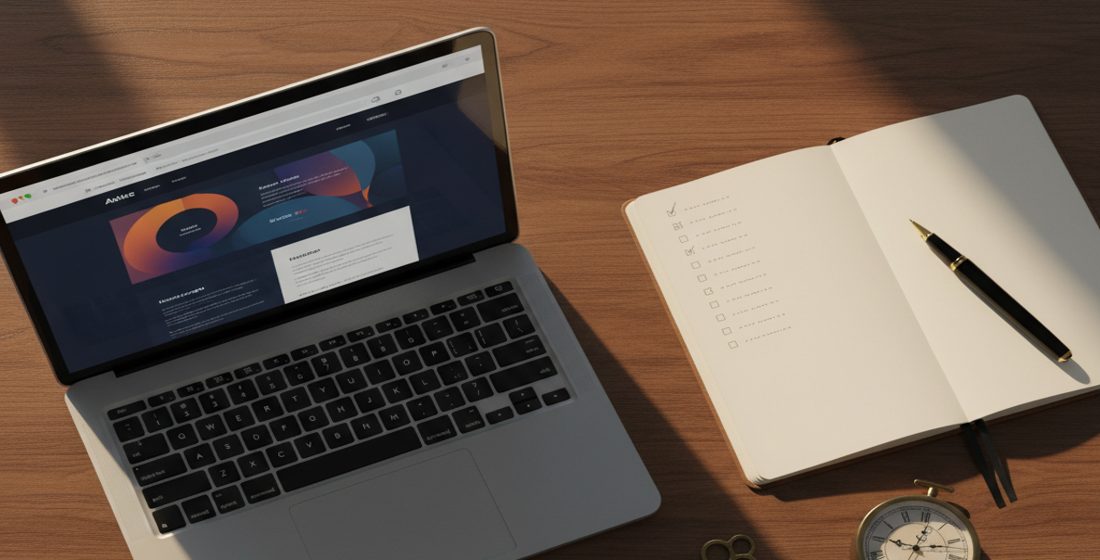 Testplatz der Locks & Clocks Redaktion: Laptop, Checkliste, Schlüssel und Uhr